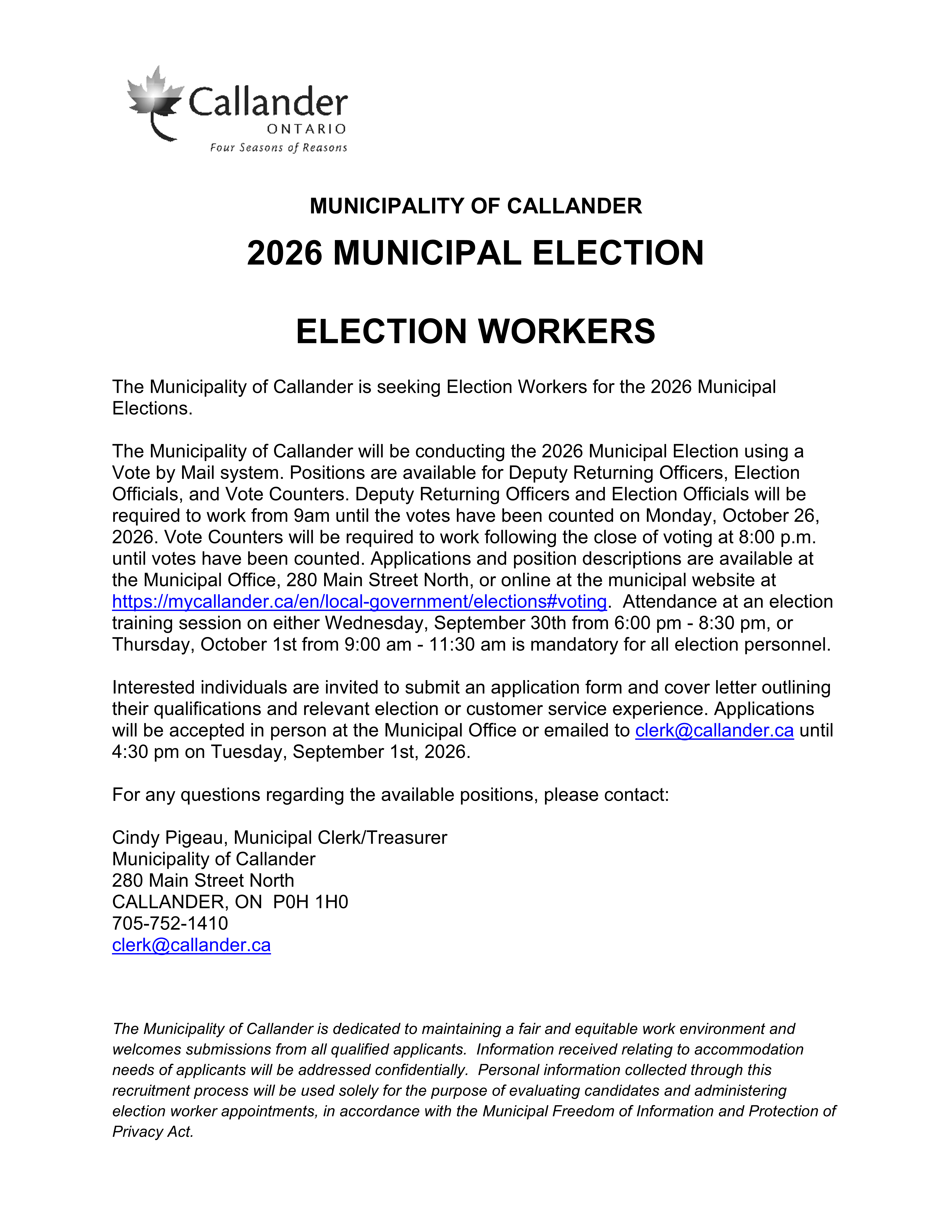 Election Workers Needed for the 2026 Municipal Election